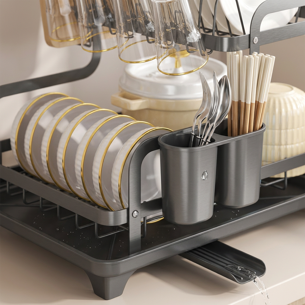 Two-Tier Stainless Steel Dish Rack with Drip Tray - detail