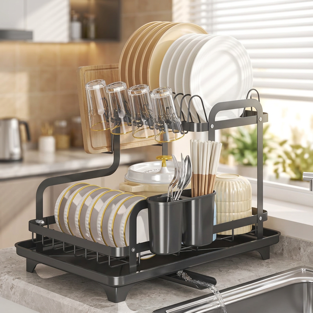 Two-Tier Stainless Steel Dish Rack with Drip Tray - lifestyle
